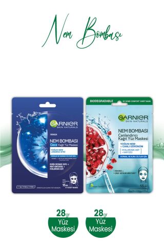 Garnier Nem Bombası Kağıt Yüz Maskesi 28 gr ve Kağıt Yüz Maskesi Gece 28 gr