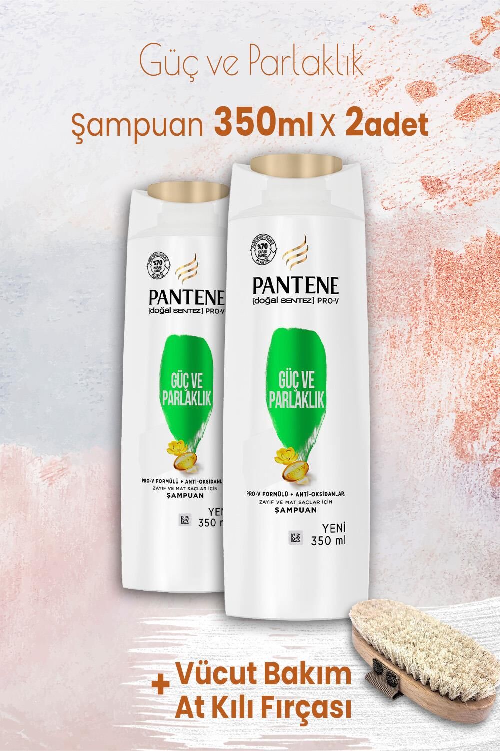 Pantene Şampuan Pro-V Güç ve Parlaklık 350 ml x 2 Adet ve Vücut Bakım At Kılı Fırçası