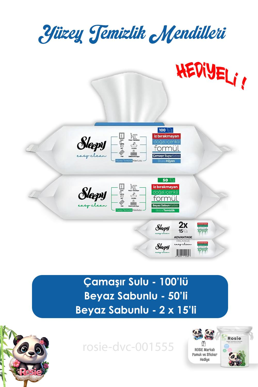 Sleepy  Çamaşır Sulu 100' lü, Beyaz Sabunlu 50'li Yüzey Temizlik Havlusu,  Easy Clean 2x15 ve ROSIE