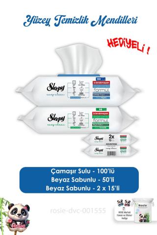 Sleepy  Çamaşır Sulu 100' lü, Beyaz Sabunlu 50'li Yüzey Temizlik Havlusu,  Easy Clean 2x15 ve ROSIE