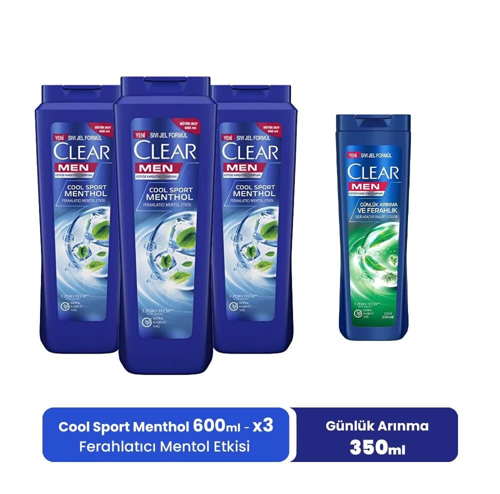 Clear Men Şampuan Cool Sport Menthol 600 ml x 3 ve Günlük Arınma 350 ml