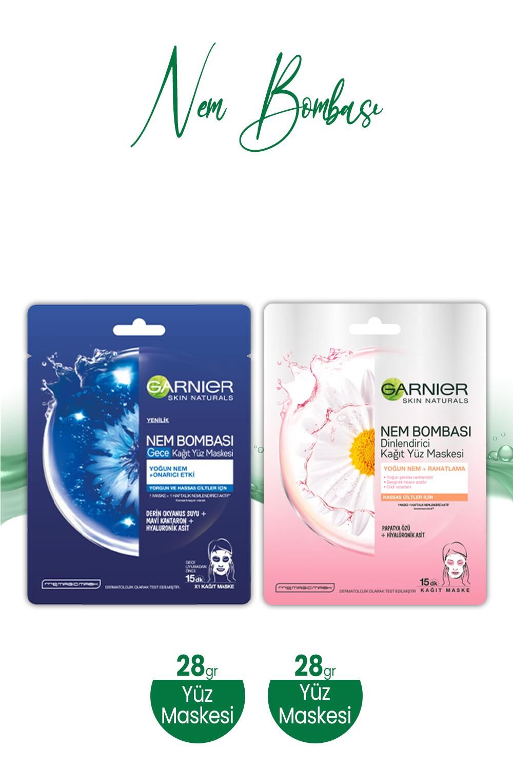 Garnier  Nem Bombası Kağıt Yüz Maskesi Dinlendirici 28 gr ve Kağıt Yüz Maskesi Gece 28 gr