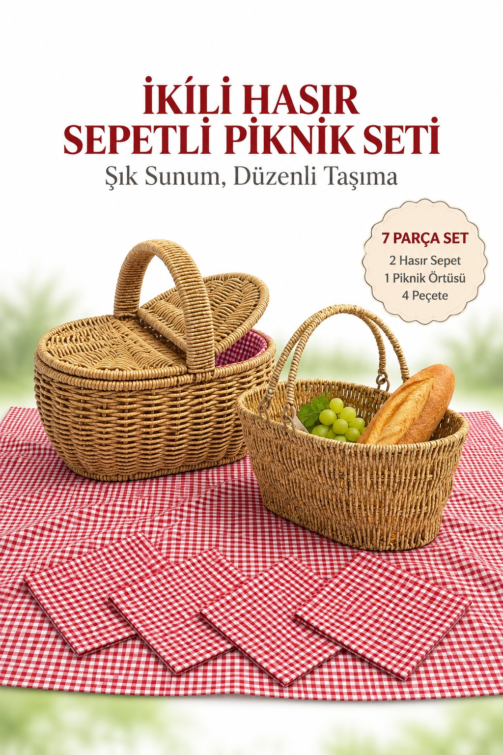 Piknik Seti 5 parça + Oval Hasır Görünümlü 2 adet Kapaklı ve Kapaksız Sepet