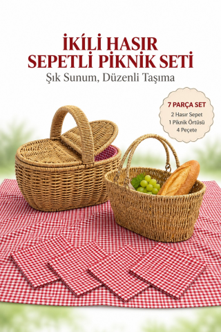 Piknik Seti 5 parça + Oval Hasır Görünümlü 2 adet Kapaklı ve Kapaksız Sepet