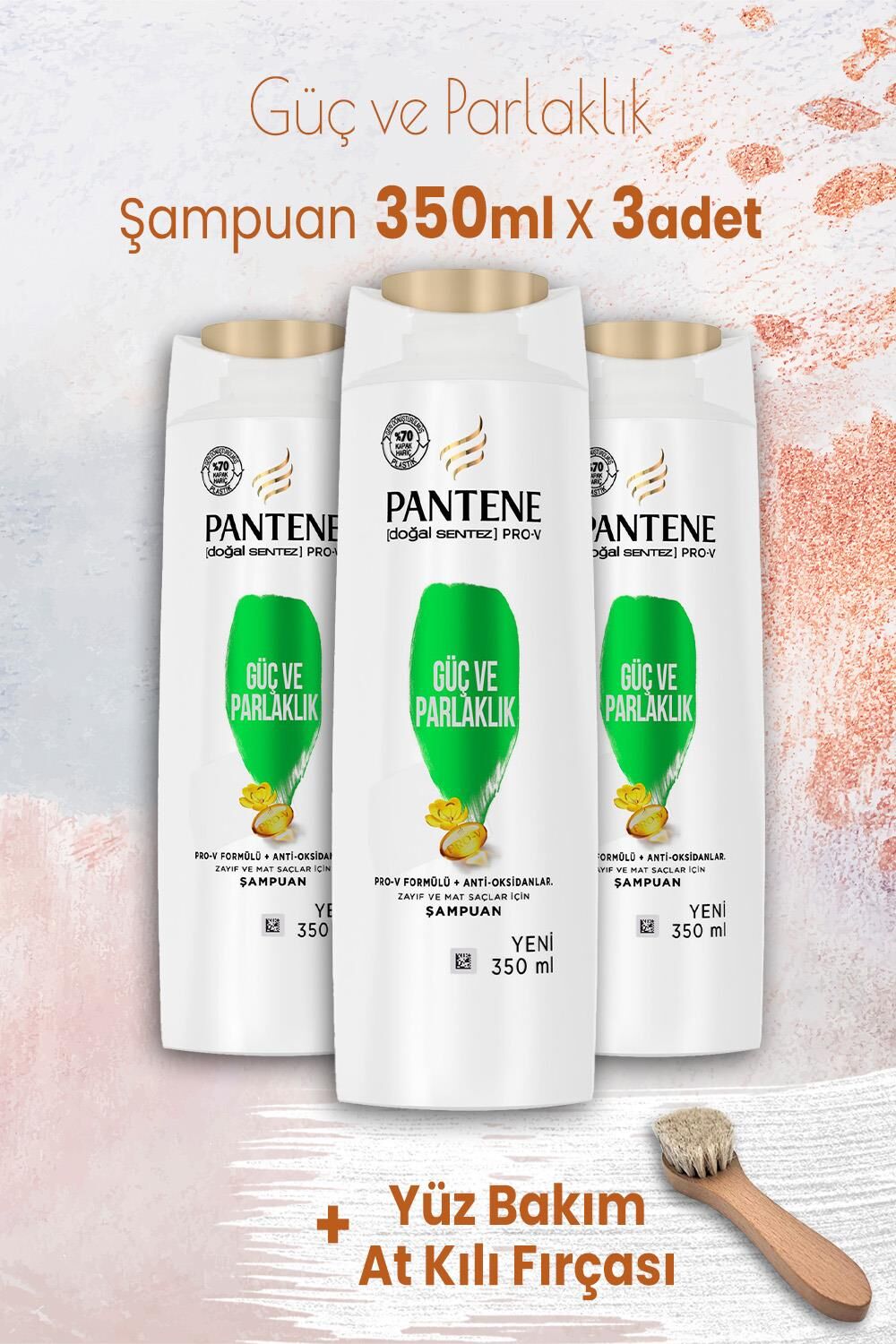 Pantene Şampuan Pro-V Güç ve Parlaklık 350 ml x 3 Adet ve Yüz Bakım At Kılı Fırçası