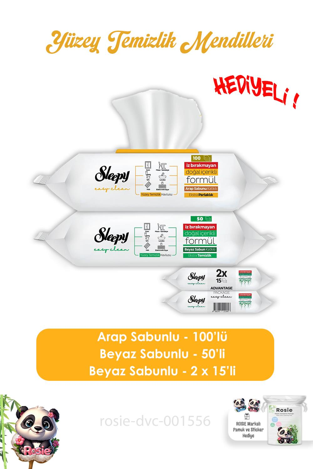 Sleepy Arap Sabunlu 100' lü, Beyaz Sabunlu 50'li Yüzey Temizlik Havlusu,  Easy Clean 2x15 ve ROSIE
