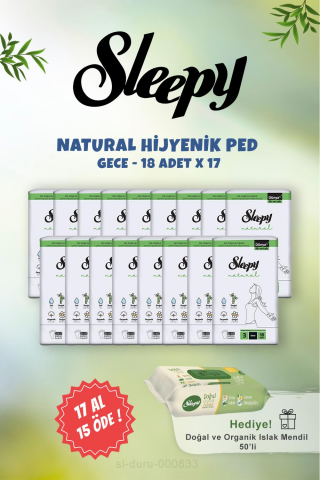 Sleepy Natural Gece Hassas Hijyenik Ped 17 AL 15 ÖDE 18 li ve 50 li Doğal Islak Mendil