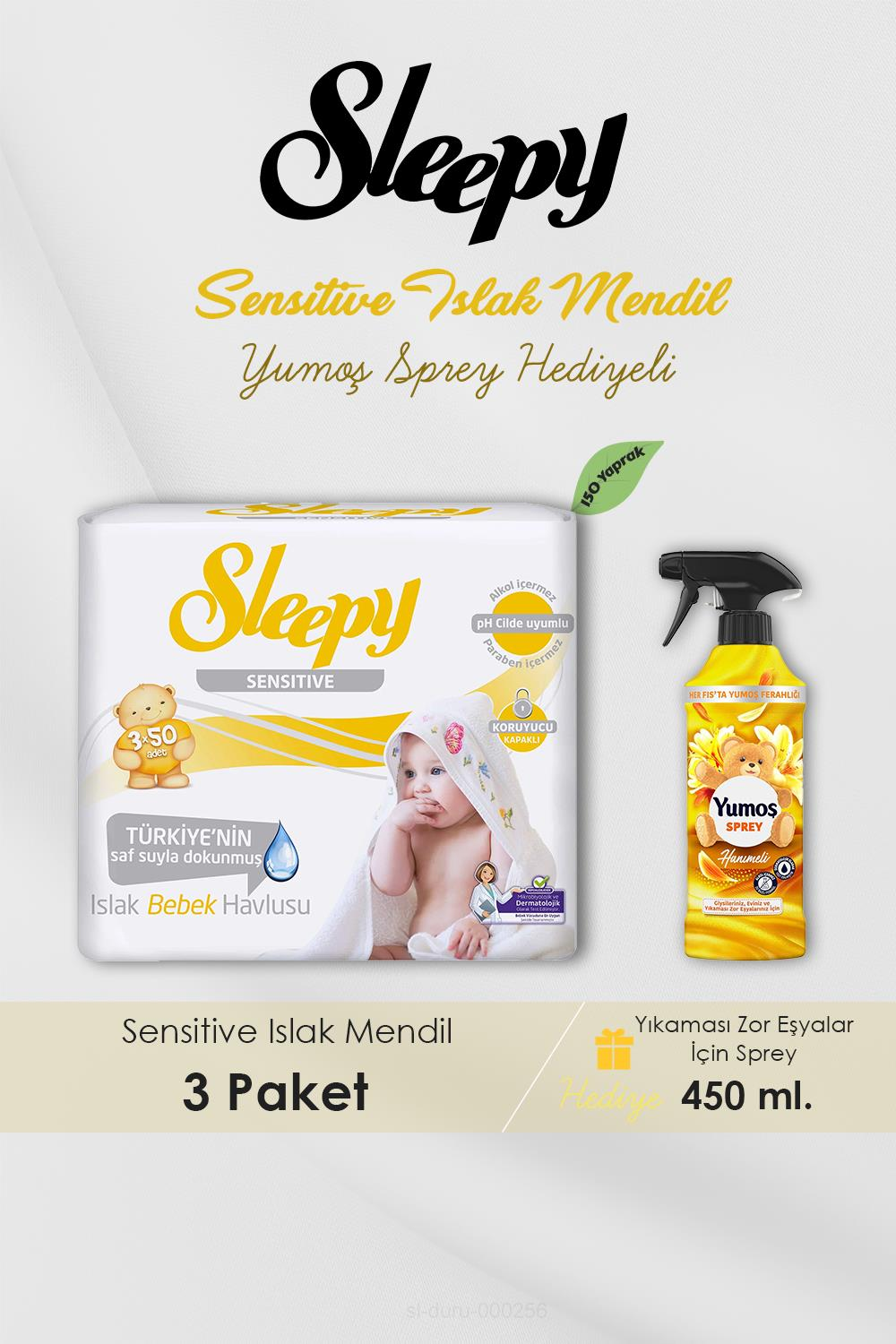 Sleepy Sensitive Islak Mendil 3 Paket ve Yumoş Hanımeli Sprey 450 ml