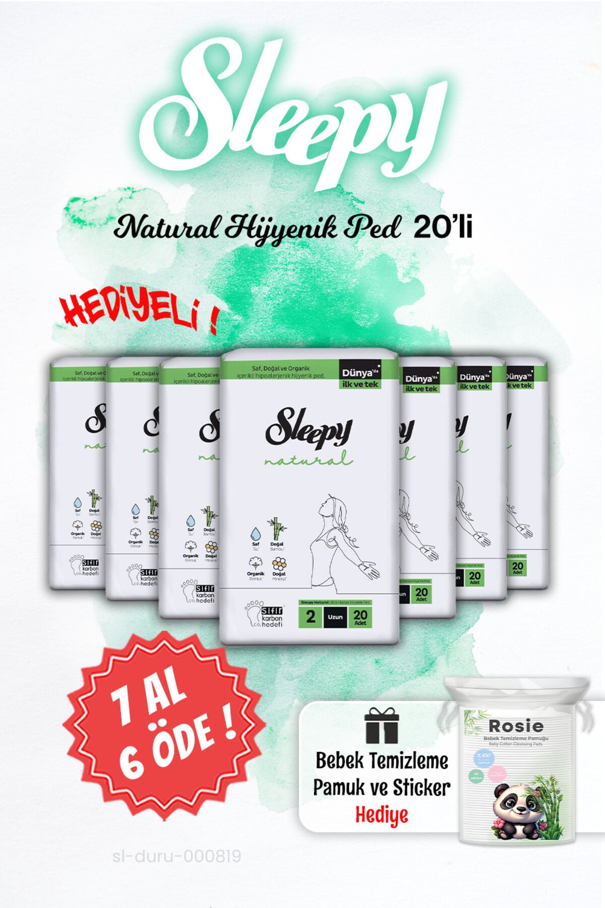 7 AL 6 ÖDE Sleepy Natural Hijyenik Ped Uzun 20 Adet ve Günlük Ped Uzun 32 Adet