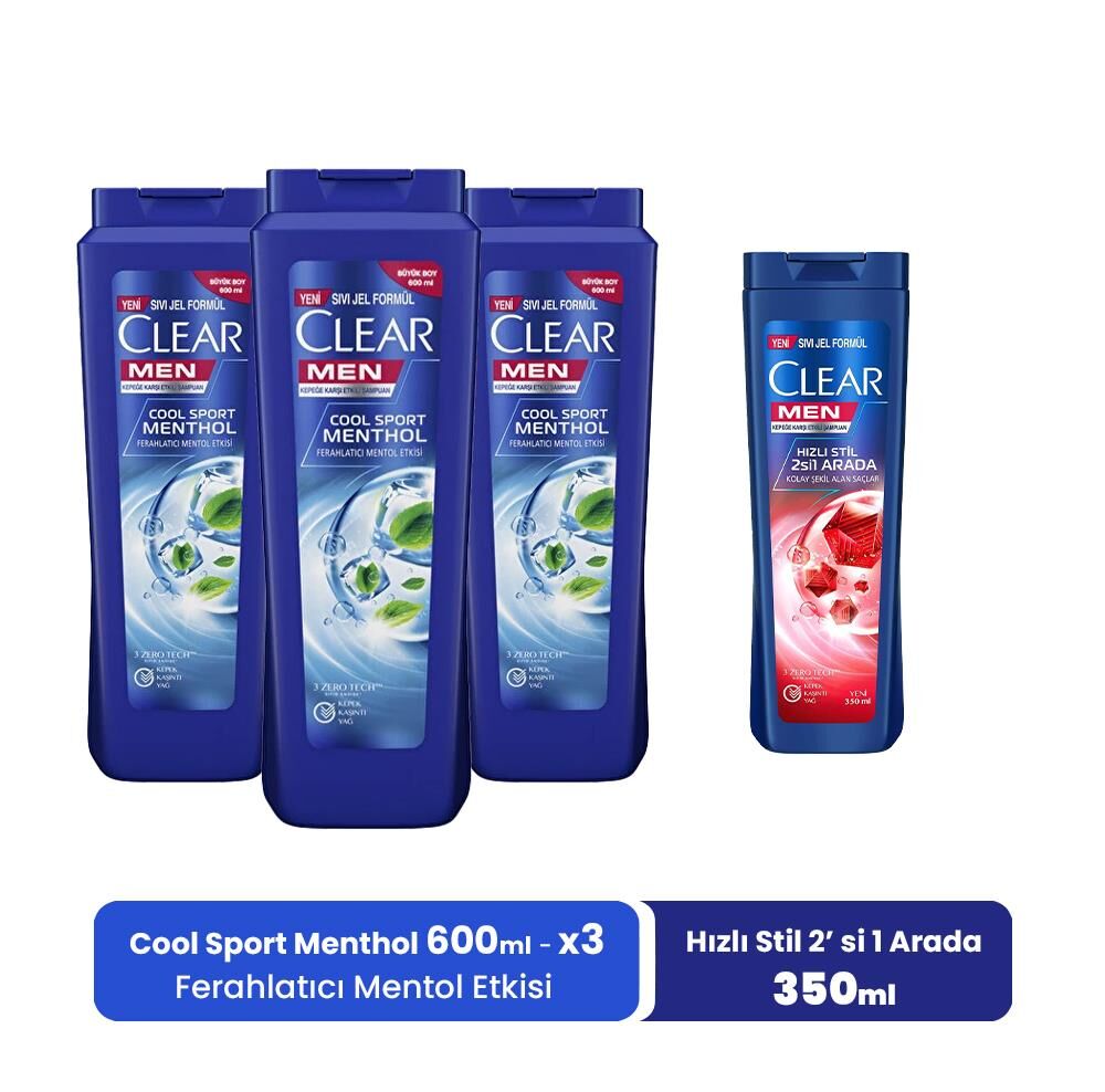 Clear Men Şampuan Cool Sport Menthol 600 ml x 3 ve Hızlı Stil 2'si 1 Arada 350 ml