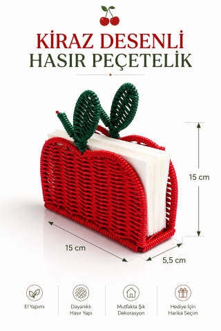 Kiraz Şeklinde Hasır Detaylı Peçetelik 15.5x4 cm