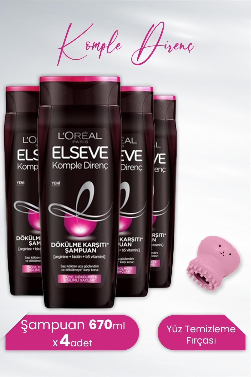 Elseve Komple Direnç Dökülme Karşıtı Şampuan 670 ml x 4 Adet ve Tarko Lionesse Yüz Temizleme Fırçası - Açık Pembe