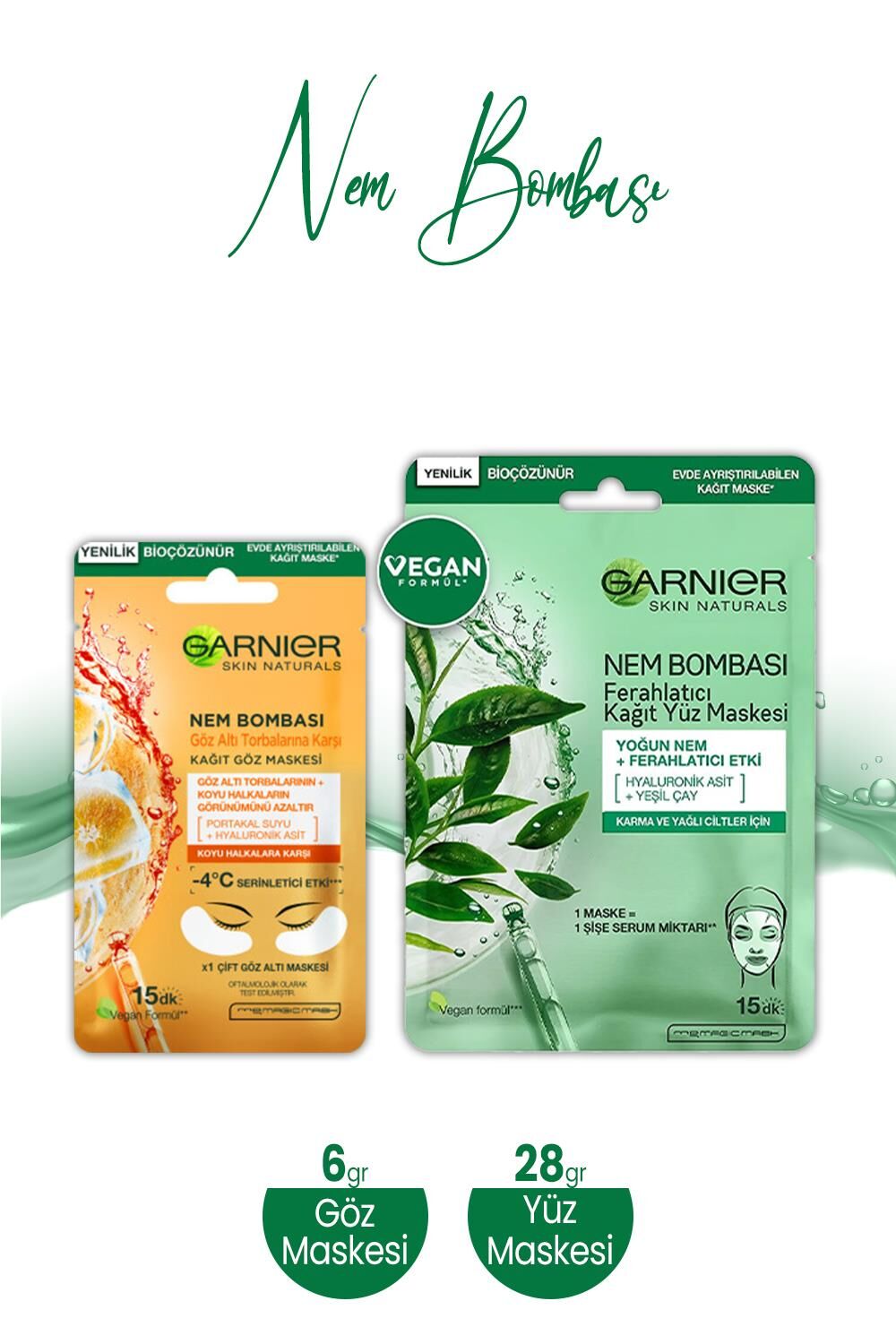 Garnier Nem Bombası Kağıt Yüz Maskesi Ferahlatıcı 28 gr ve Kağıt Göz Maskesi Portakal 6 gr