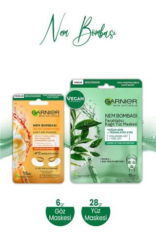 Garnier Nem Bombası Kağıt Yüz Maskesi Ferahlatıcı 28 gr ve Kağıt Göz Maskesi Portakal 6 gr