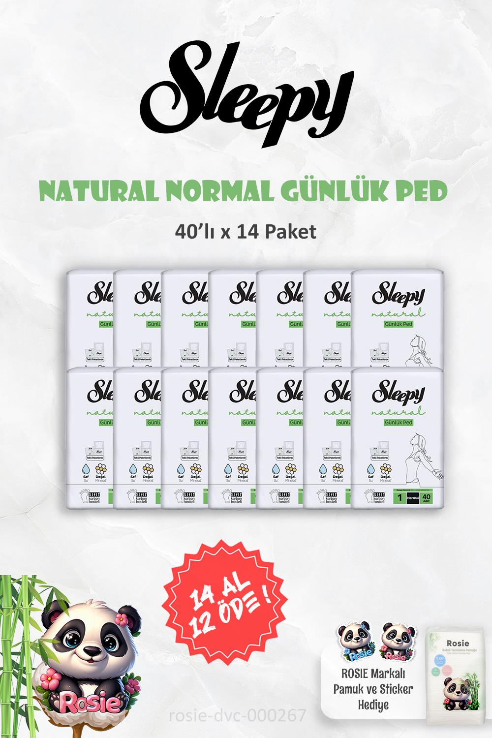 Sleepy 14 AL 12 ÖDE Natural Ultra Hassas Günlük Ped Normal 40 Adet ve ROSIE