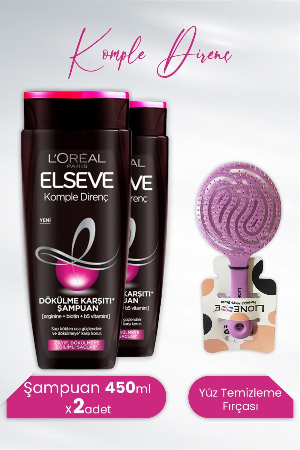 Elseve Komple Direnç Dökülme Karşıtı Şampuan 450 ml x 2 Adet ve Tarko Lionesse Saç Fırçası Yuvarlak Mor