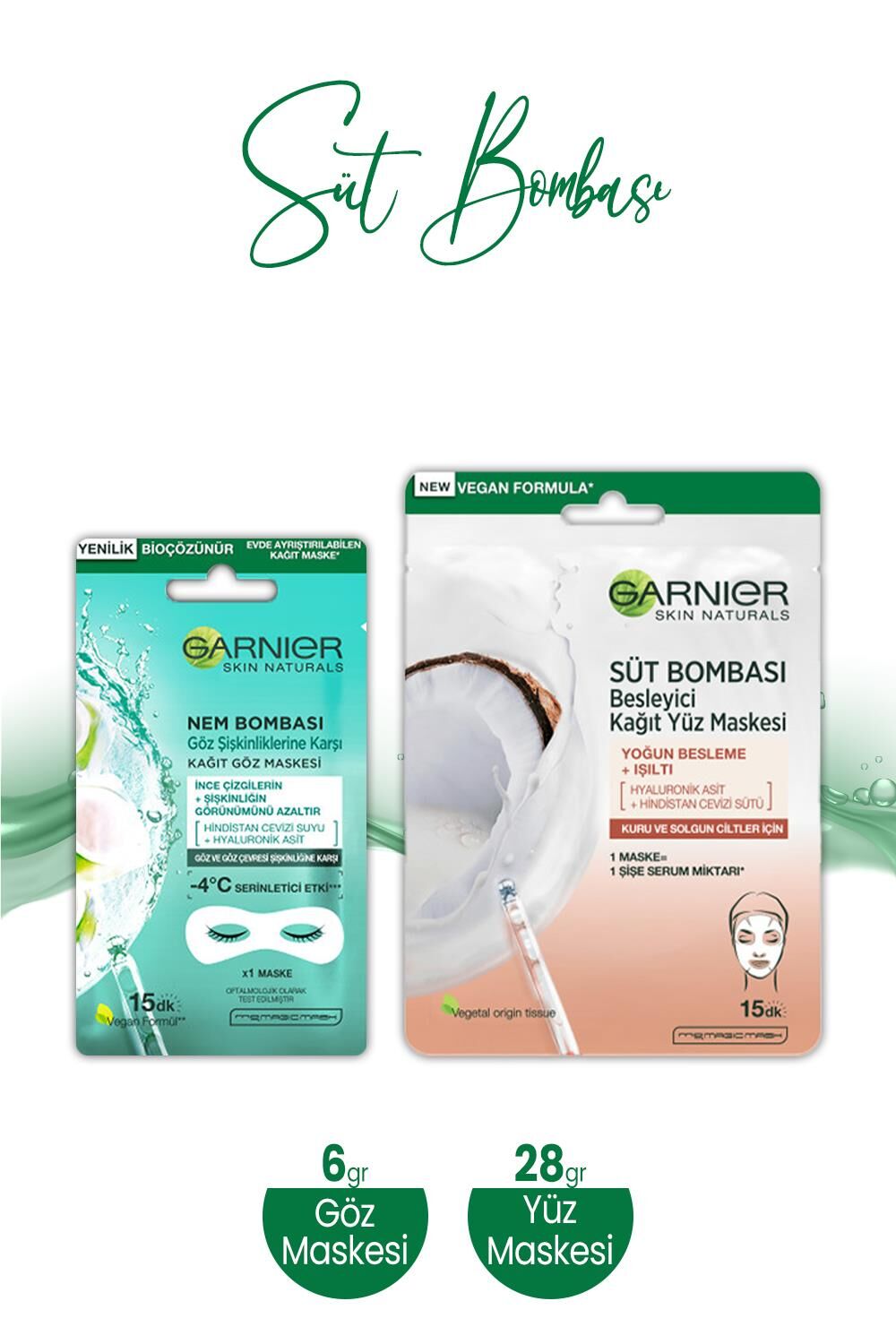 Garnier Süt Bombası Kağıt Yüz Maskesi 28 gr ve Nem Bombası Kağıt Göz Maskesi Hindistan Cevizi 6 gr