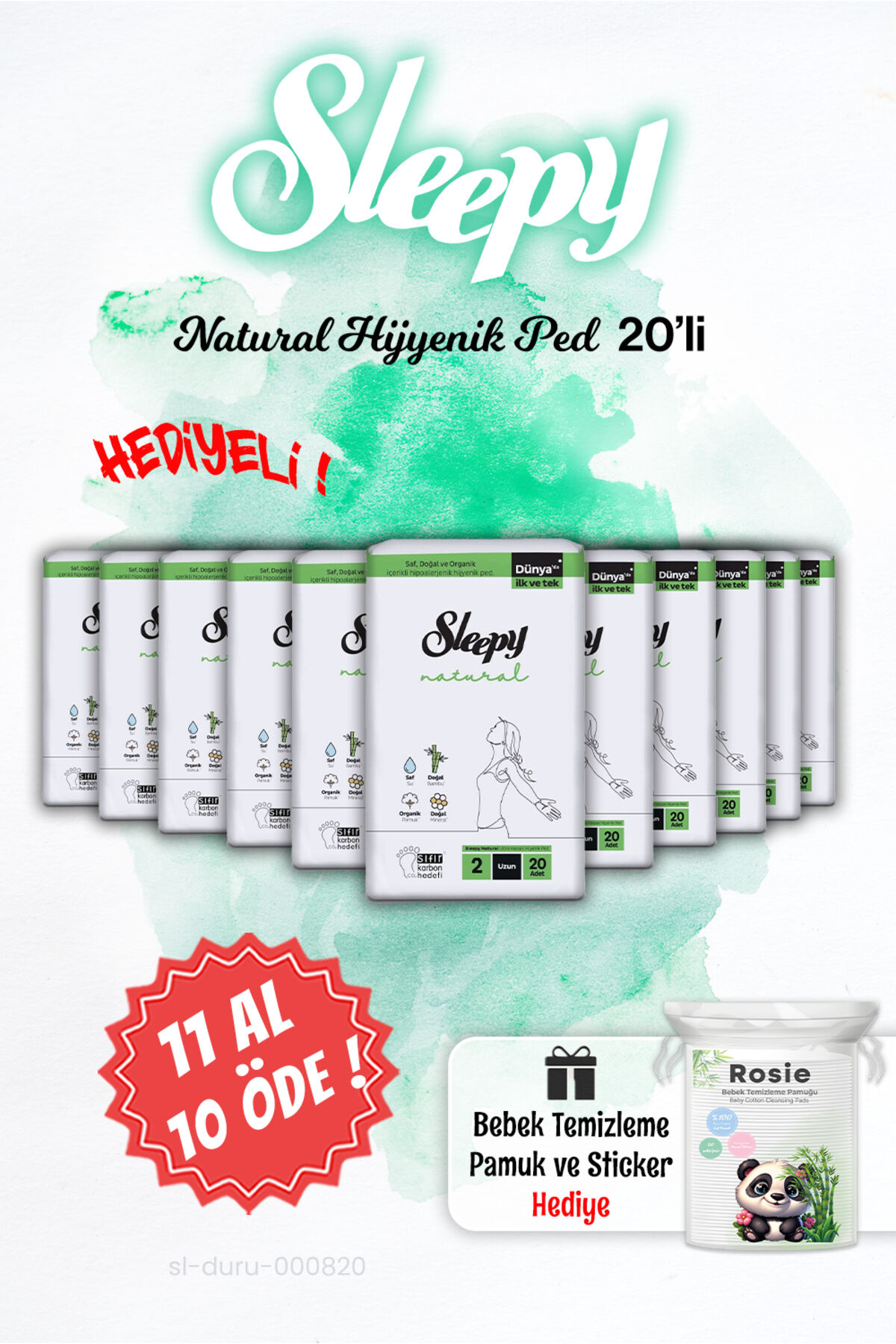 Sleepy Natural Hijyenik Ped Uzun 20 Adet 11 AL 10 ÖDE ve Günlük Ped Uzun 32 Adet