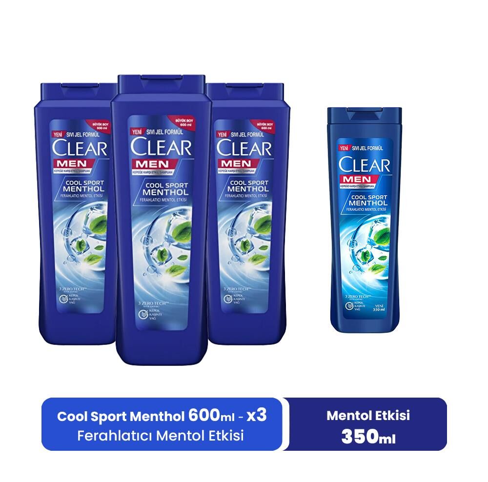 Clear Men Şampuan Cool Sport Menthol 600 ml x 3 ve Mentol Etkisi 350 ml