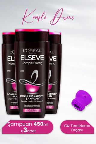 Elseve Komple Direnç Dökülme Karşıtı Şampuan 450 ml x 3 Adet ve Tarko Lionesse Yüz Temizleme Fırçası - Mor