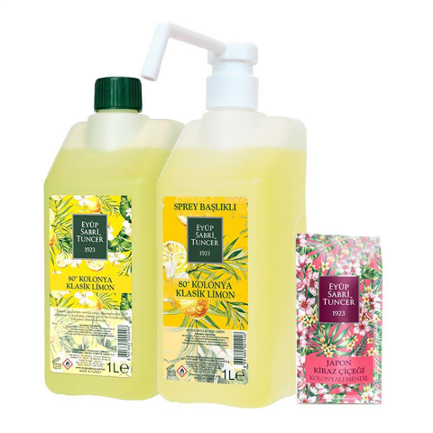 Eyüp Sabri Tuncer Klasik Limon Kolonyası Yedek ve Sprey Şişe 1 lt, Japon Kiraz Çiçeği Kolonyalı Mendil