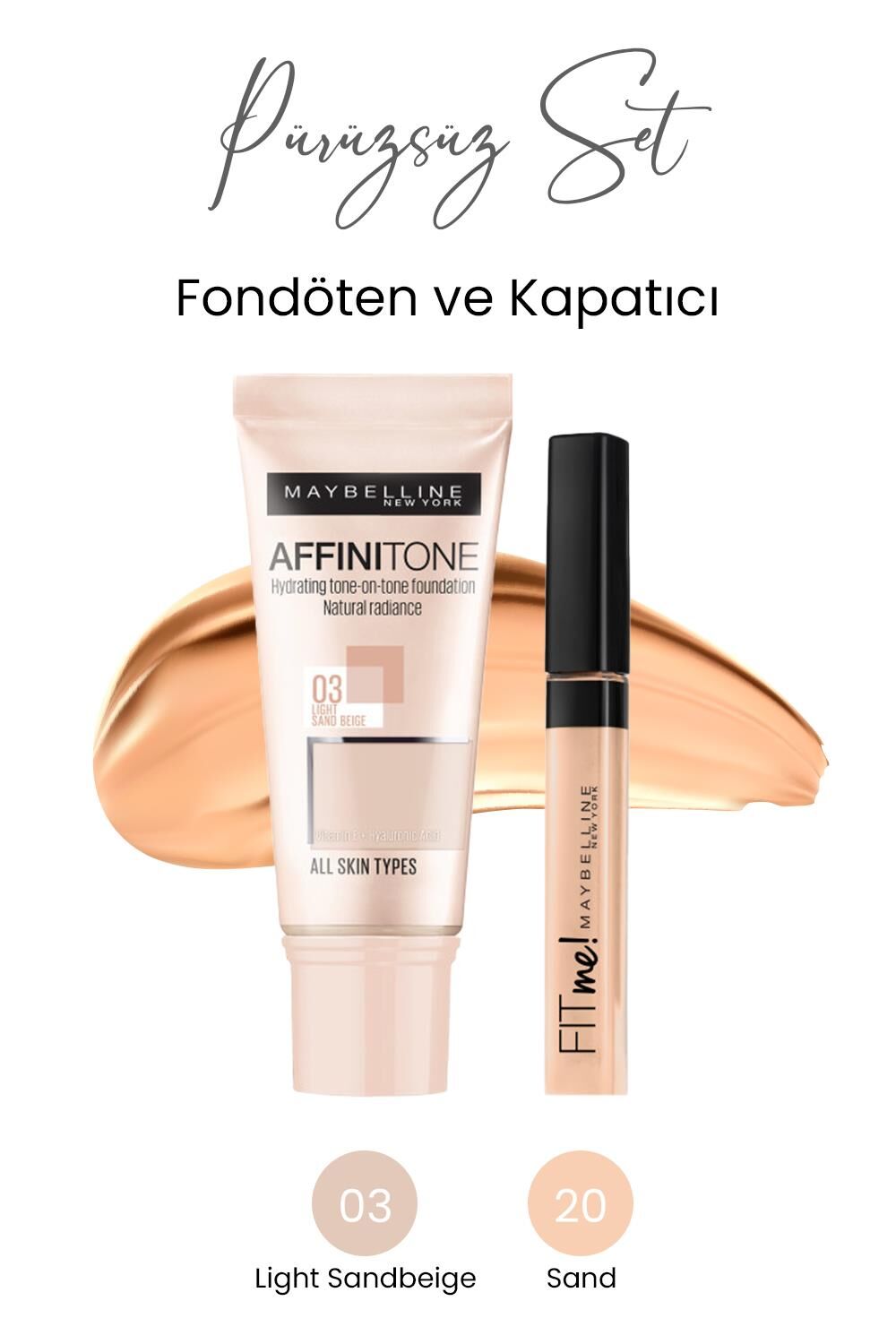 Maybelline New York Affinitone Fondöten 03 Light Sandbeige ve  Fit Me Concealer 20 Sand