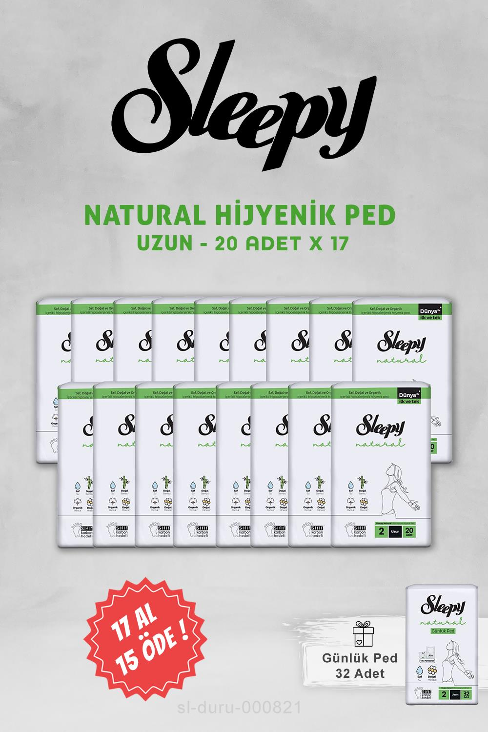 Sleepy 17 AL 15 ÖDE Natural Hijyenik Ped Uzun 20 Adet ve Günlük Ped Uzun 32 Adet