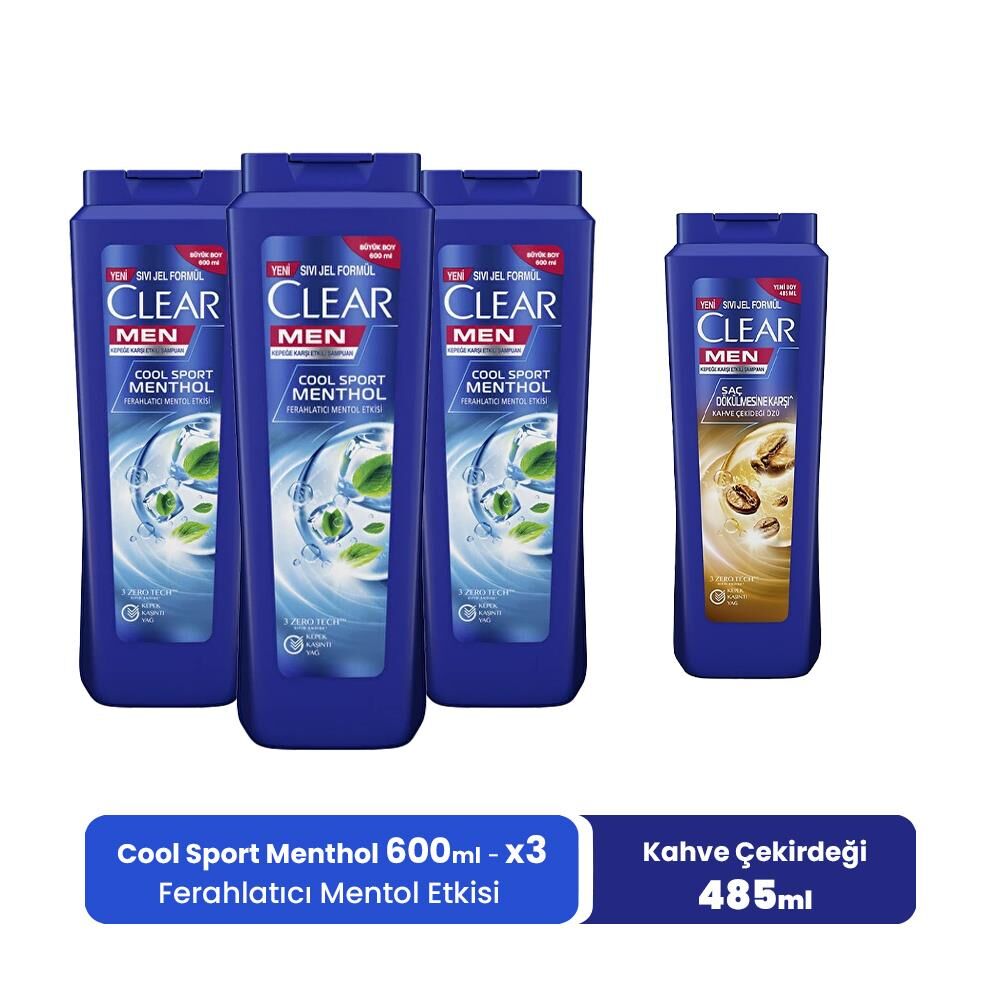 Clear Men Şampuan Cool Sport Menthol 600 ml x 3 ve Kahve Çekirdeği Özü 485 ml