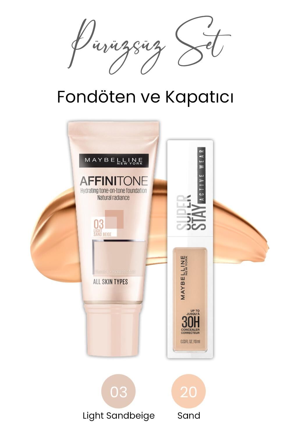 Maybelline New York Affinitone Fondöten 03 Light ve Superstay Active Concealer 20 Sand