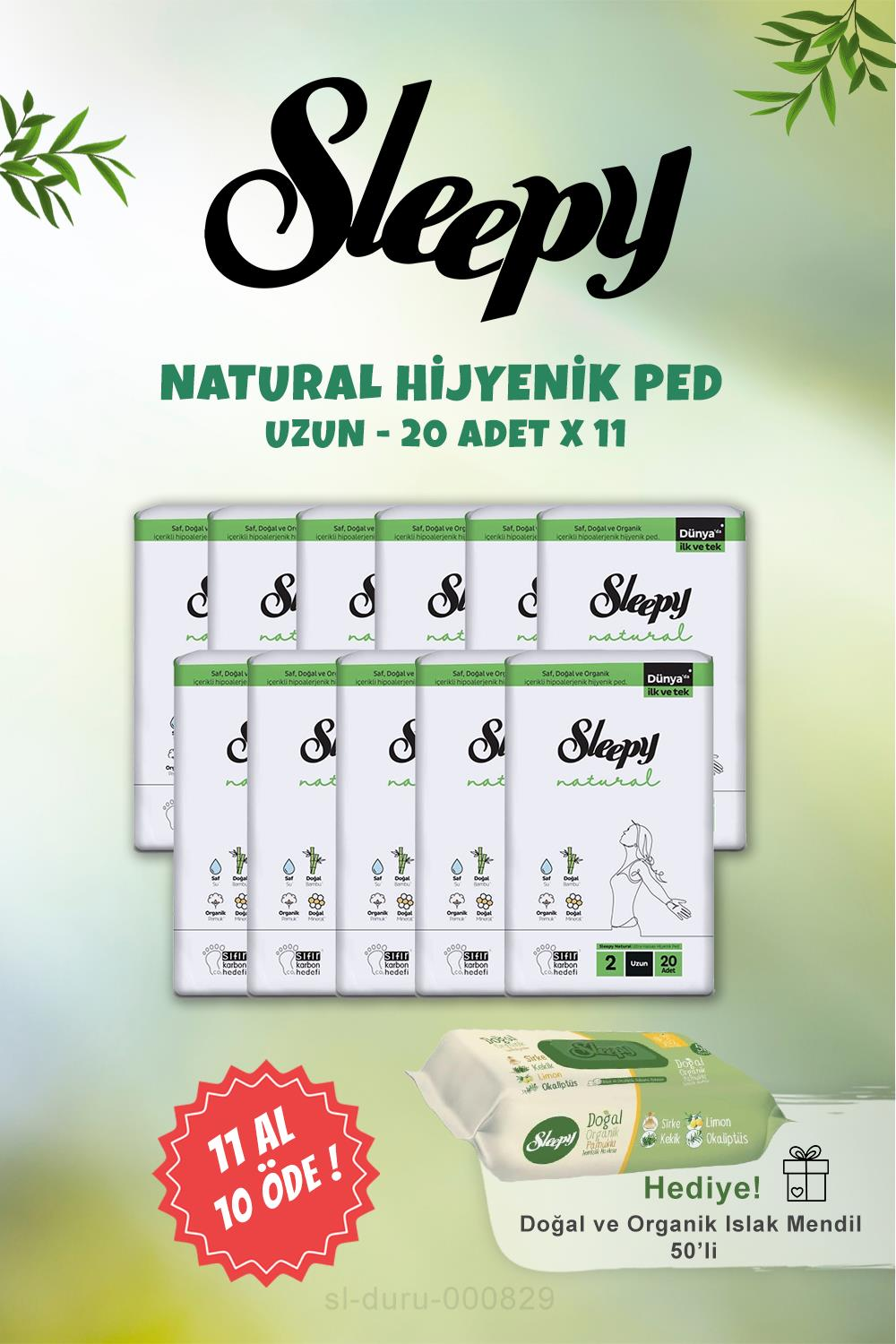11 AL 10 ÖDE Sleepy Natural Uzun Ultra Hijyenik Ped 20 Adet ve Organik Islak Mendil 50 li