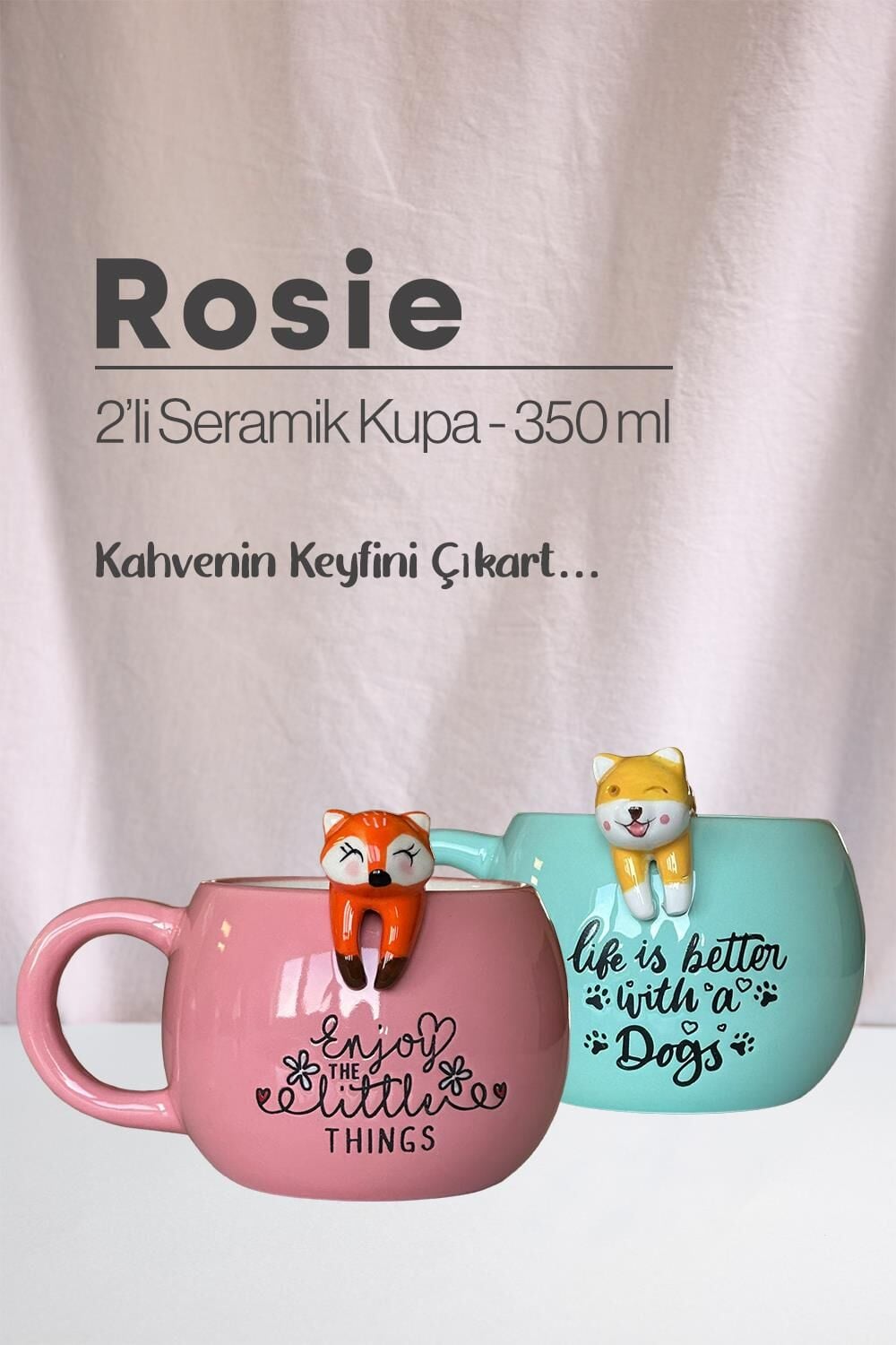 Tilki ve Köpek Figürlü Seramik Kupa 350 ml