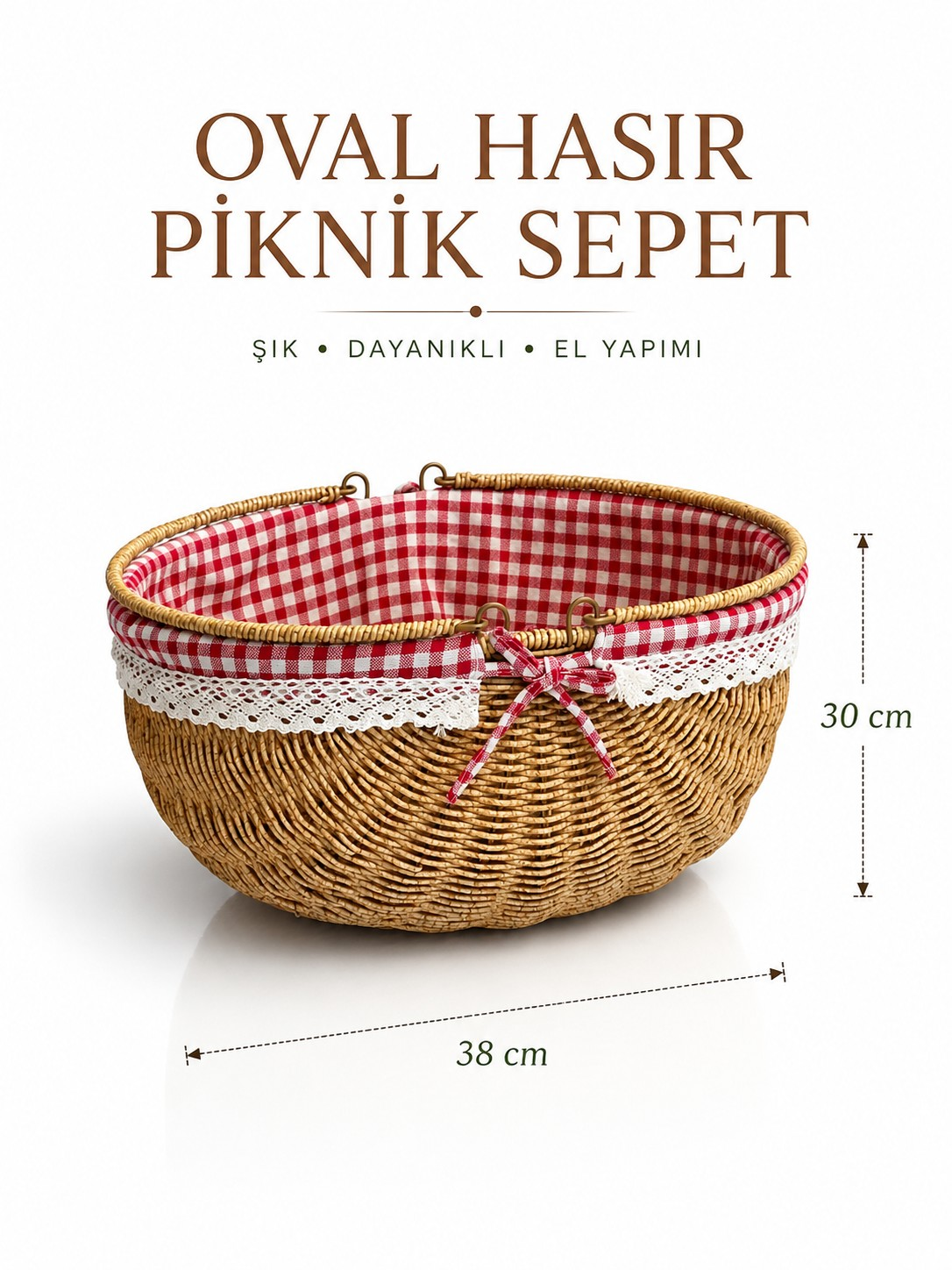Piknik Sepeti Oval Hasır Detaylı 38 cm