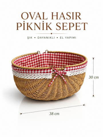 Piknik Sepeti Oval Hasır Detaylı 38 cm