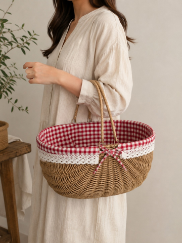 Piknik Sepeti Oval Hasır Detaylı 38 cm