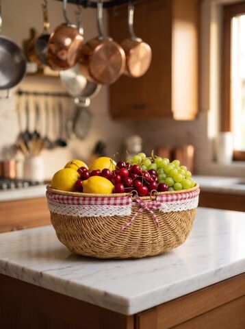 Piknik Sepeti Oval Hasır Detaylı 38 cm