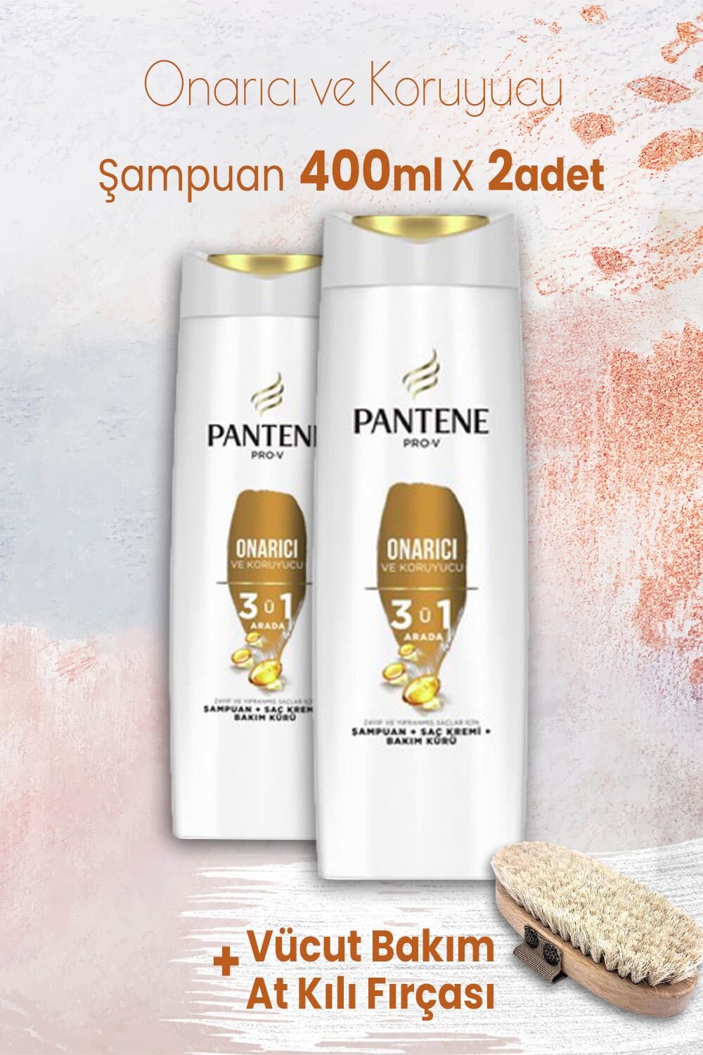 Pantene Pro-V Şampuan Onarıcı 3' ü 1 Arada 400 ml x 2 Adet ve Vücut Bakım At Kılı Fırçası