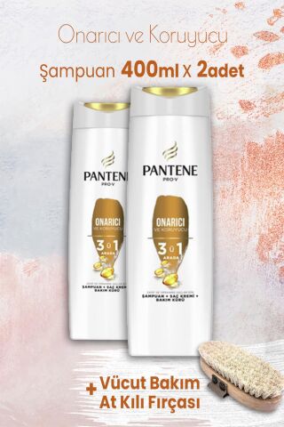 Pantene Pro-V Şampuan Onarıcı 3' ü 1 Arada 400 ml x 2 Adet ve Vücut Bakım At Kılı Fırçası