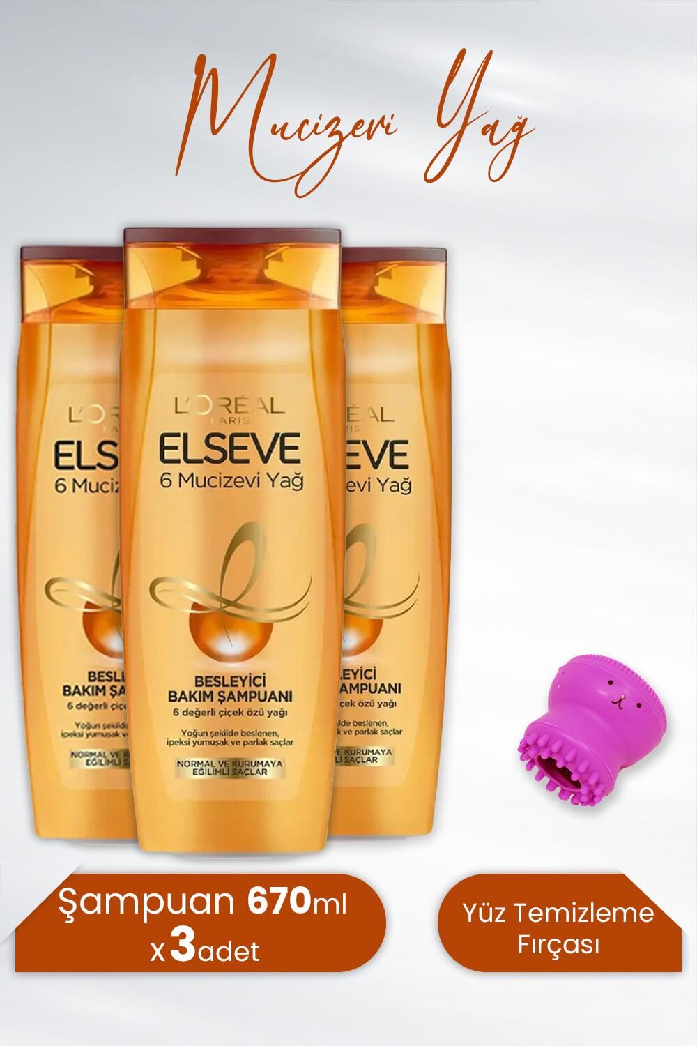 Elseve Mucizevi Yağ Besleyici Şampuan Amla Yağı 670 ml x 3 Adet ve Tarko Lionesse Yüz Temizleme Fırçası - Koyu Pembe
