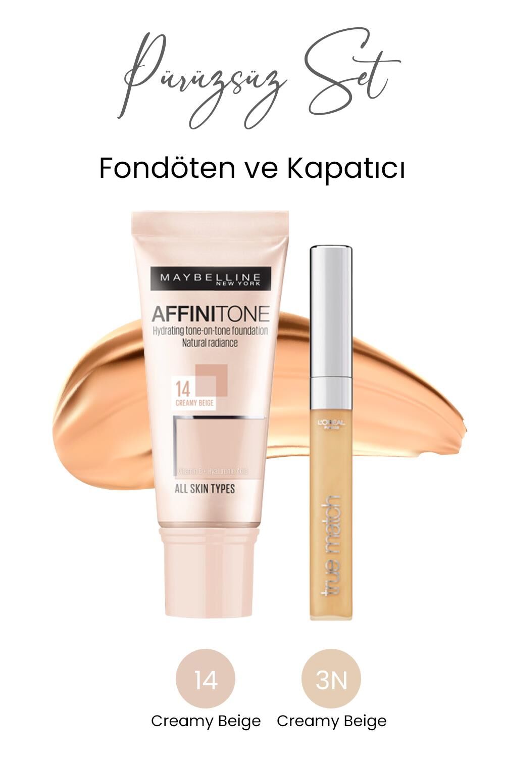 Maybelline New York Affinitone Fondöten 14 Creamy ve True Match Concealer 3N