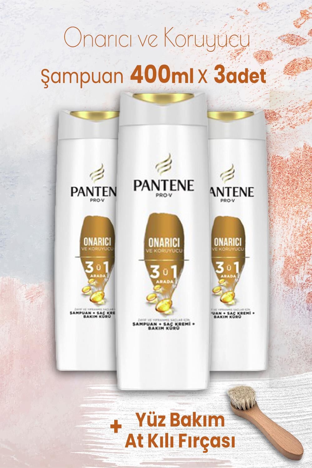 Pantene Pro-V Şampuan Onarıcı 3' ü 1 Arada 400 ml x 3 Adet ve Yüz Bakım At Kılı Fırçası