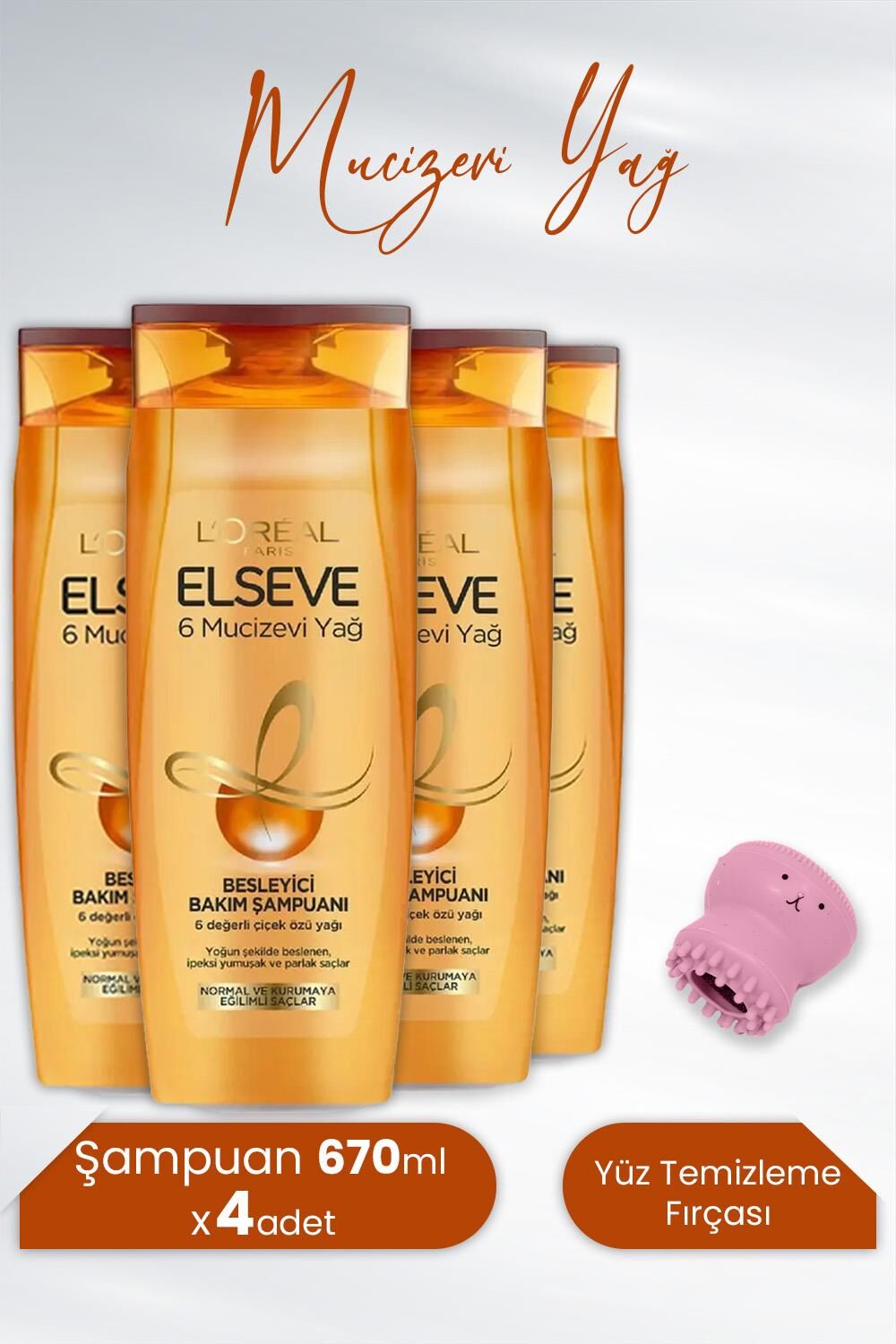 Elseve Mucizevi Yağ Besleyici Şampuan Amla Yağı 670 ml x 4 Adet ve Tarko Lionesse Yüz Temizleme Fırçası -Pembe