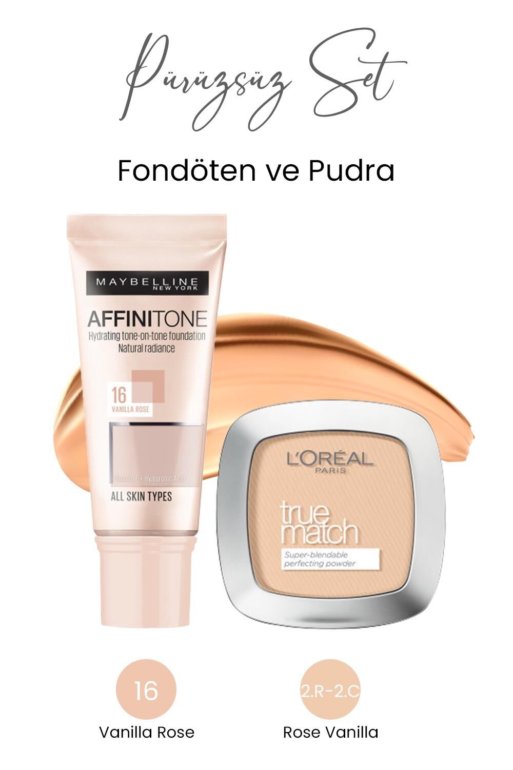 Maybelline New York Affinitone Fondöten 16 Vanilla ve True Match Pudra 2.R-2.C Rose