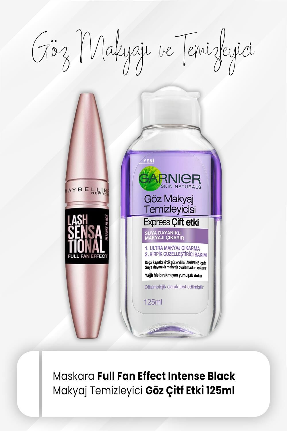 Maybelline New York Maskara Full Fan Effect Intense Black ve Express Göz Makyaj Temizleyici 125 ml