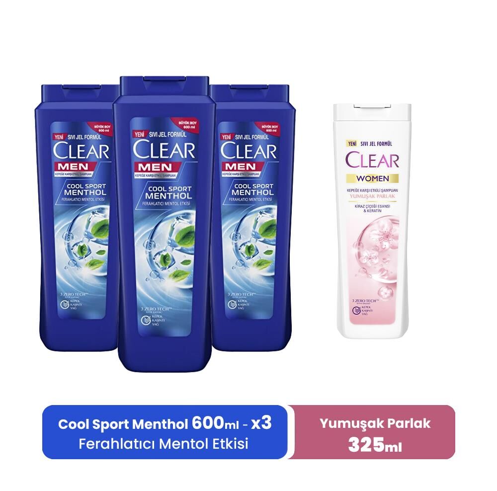 Clear Men Şampuan Cool Sport Menthol 600 ml x 3 ve Women Yumuşak Parlak 325 ml