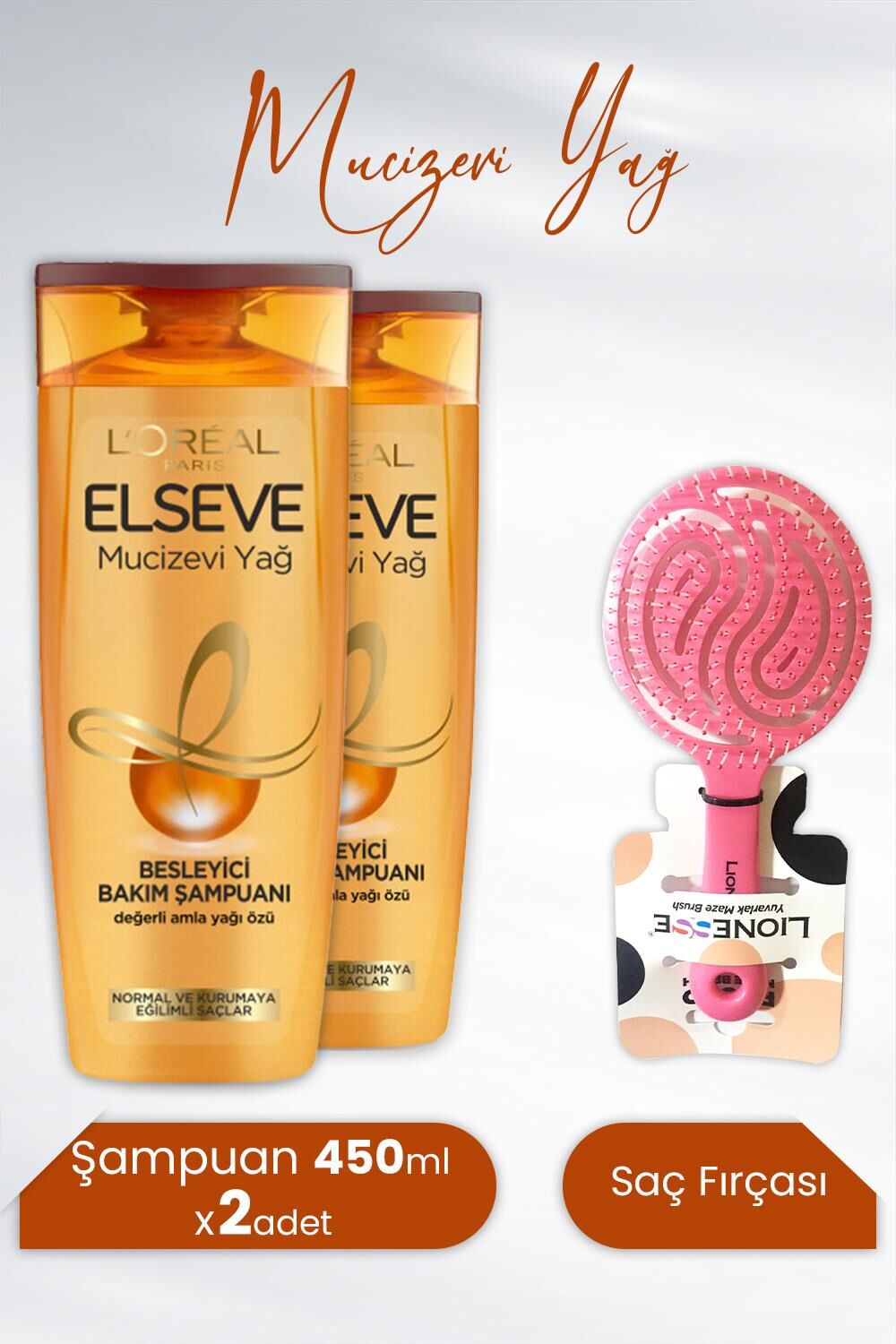 Elseve Mucizevi Yağ Besleyici Şampuan Amla Yağı 450 ml x 2 Adet ve Tarko Lionesse Saç Fırçası Yuvarlak Pembe