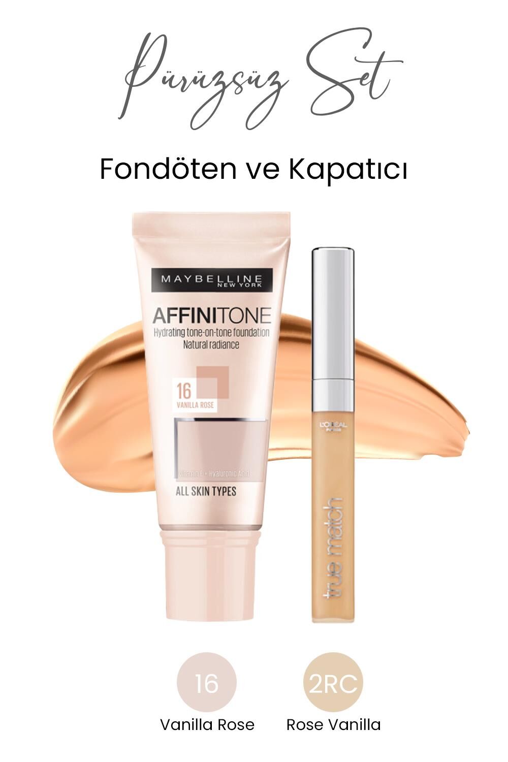 Maybelline New York Affinitone Fondöten 16 Vanilla ve True Match Concealer 2RC Rose Vanilla