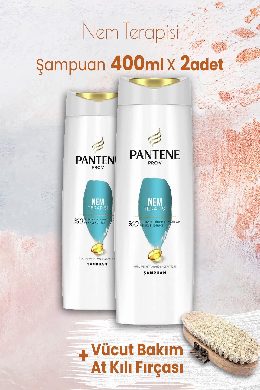 Pantene Pro-V Şampuan Nem Terapisi 400 ml x 2 Adet ve Vücut Bakım At Kılı Fırçası
