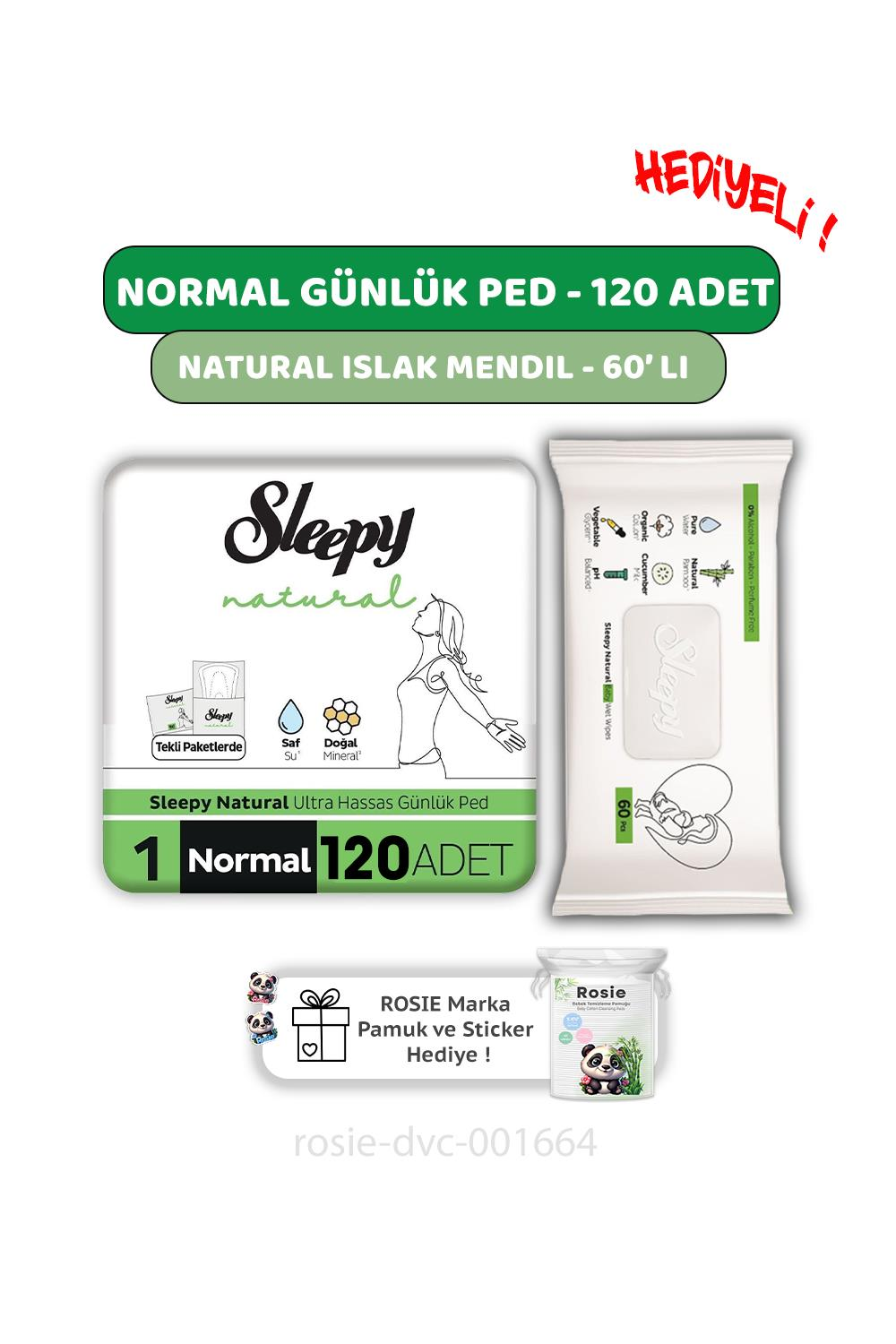 Sleepy Natural Ultra Hassas Hijyenik Günlük Ped Normal 120 Adet, Natural 60'lı Islak Mendil ve ROSIE