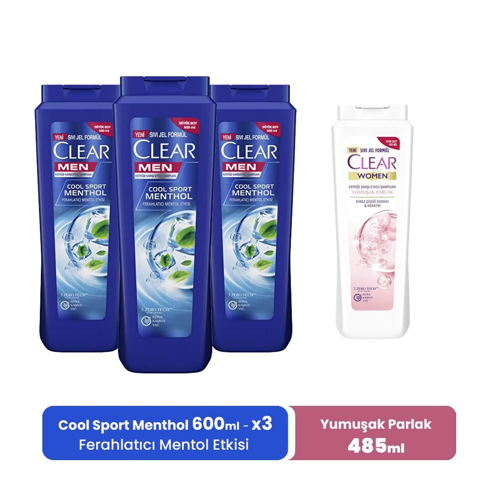 Clear Men Şampuan Cool Sport Menthol 600 ml x 3 ve Women Yumuşak Parlak 485 ml