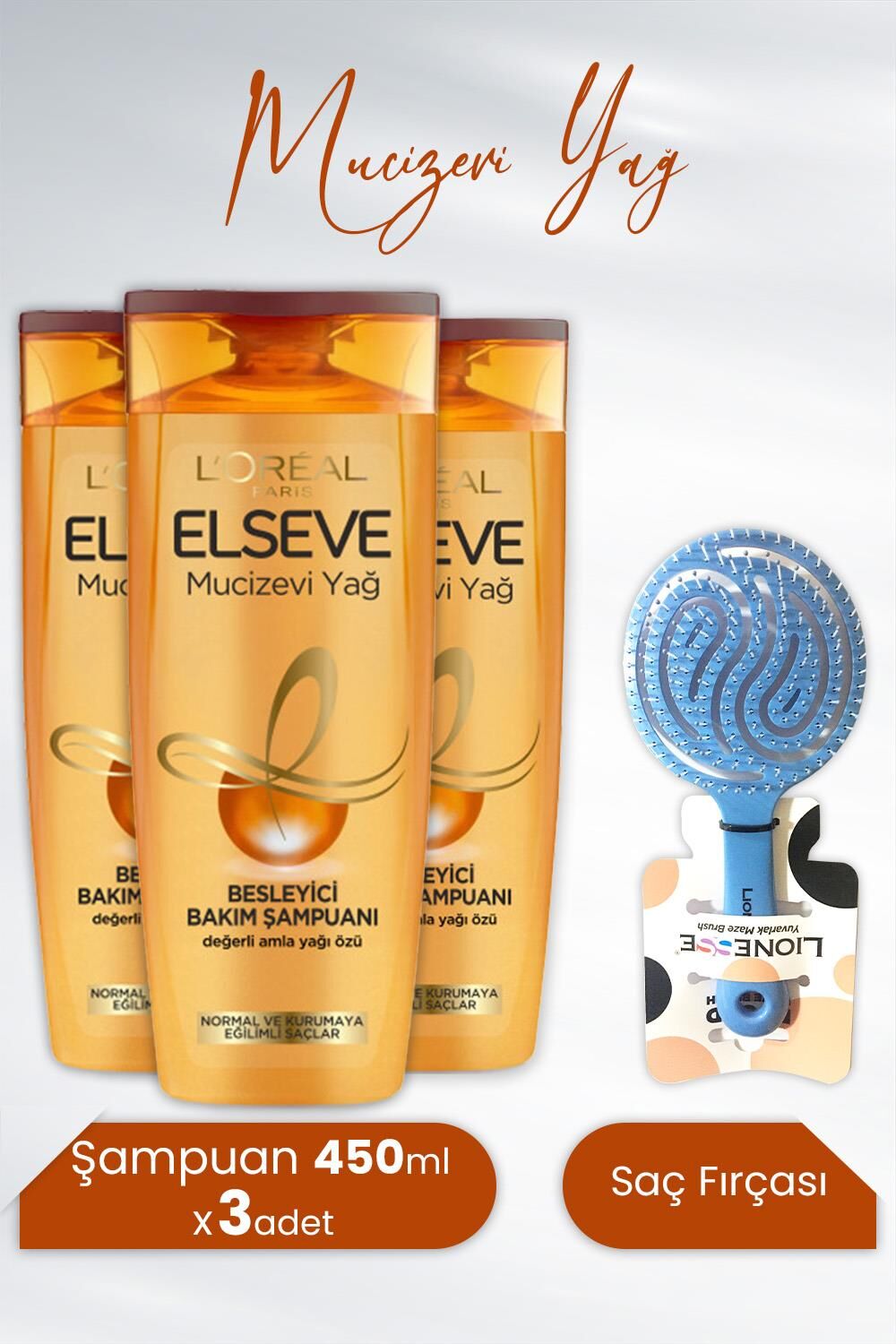 Elseve Mucizevi Yağ Besleyici Şampuan Amla Yağı 450 ml x 3 Adet ve Tarko Lionesse Saç Fırçası Yuvarlak Mavi